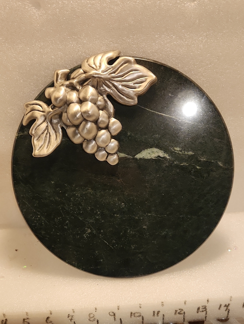 Decorative Dark Green Marble Serving Platter with Silver Grape Accent
